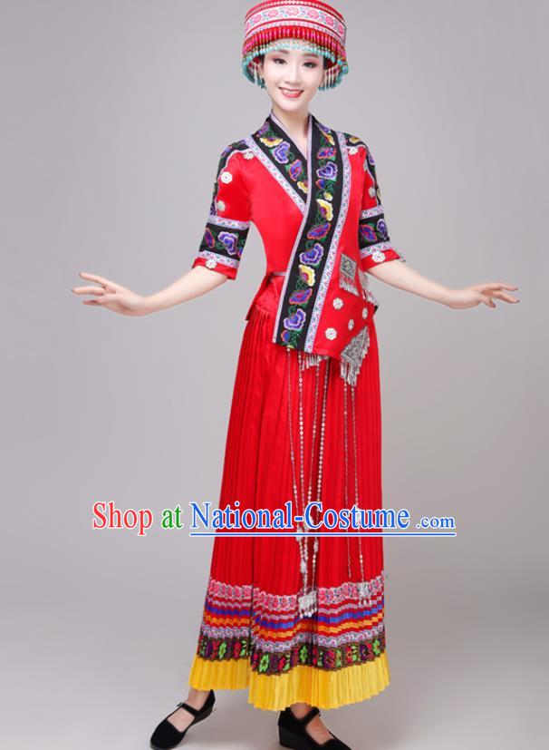 Chinese Zhuang Nationality Performance Red Dress Outfits Traditional Guangxi Ethnic Minority Folk Dance Costume