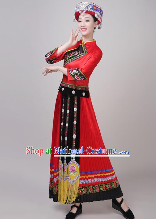 Chinese Traditional Yunnan Ethnic Minority Folk Dance Costume Tujia Nationality Performance Red Dress Outfits