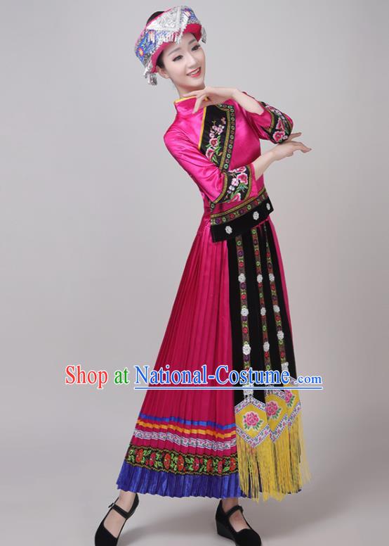 Chinese Traditional Tujia Ethnic Minority Folk Dance Costume  Yunnan Yi Nationality Performance Rosy Dress Outfits