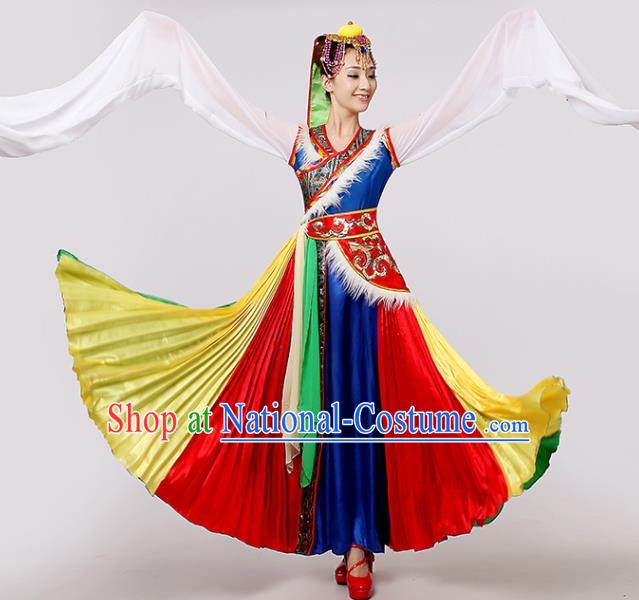 Chinese Traditional Tibetan Ethnic Minority Folk Dance Costume Zang Nationality Performance Water Sleeve Dress