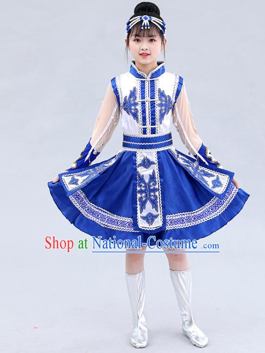 Chinese Traditional Mongol Nationality Children Royalblue Short Dress Mongolian Ethnic Stage Performance Costume