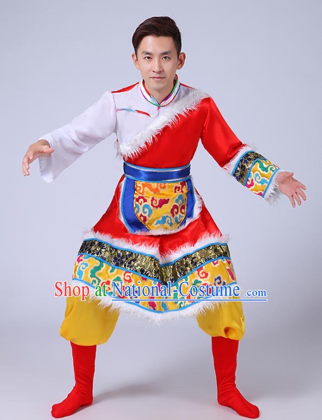 Chinese Tibetan Ethnic Minority Stage Performance Costume Traditional Zang Nationality Folk Dance Red Outfits