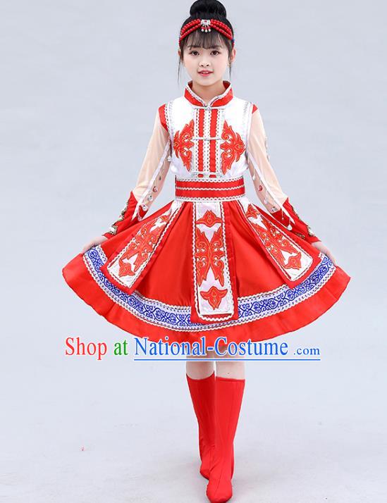 Chinese Mongolian Ethnic Stage Performance Costume Traditional Mongol Nationality Children Red Short Dress