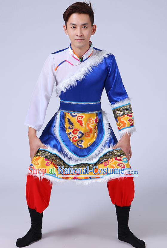 Chinese Traditional Zang Nationality Folk Dance Royalblue Outfits Tibetan Ethnic Minority Stage Performance Costume