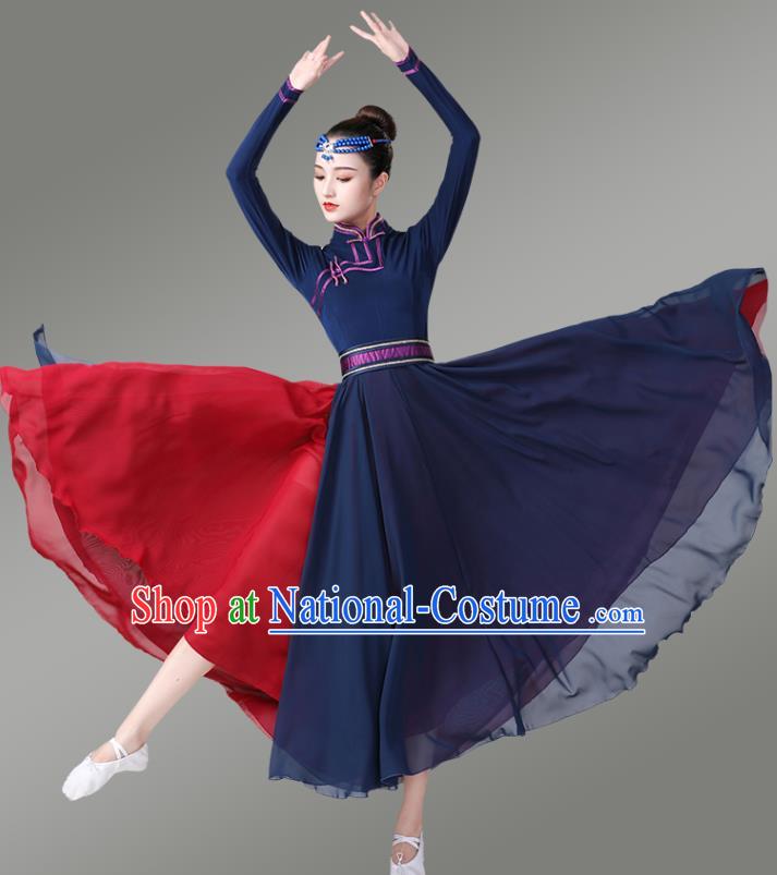 Chinese Traditional Mongol Nationality Dance Navy Dress Mongolian Ethnic Stage Performance Costume