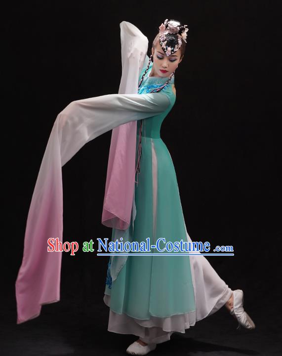 Chinese Traditional Umbrella Dance Green Dress Classical Dance Cai Wei Clothing Woman Water Sleeve Dance Outfits