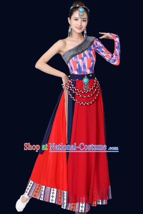 Chinese Traditional Tibetan Nationality Red Dress Xizang Zang Ethnic Folk Dance Costume