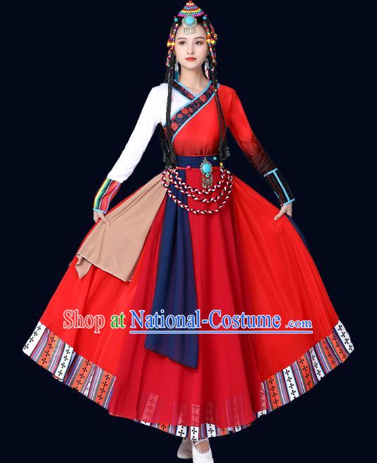 Chinese Xizang Zang Ethnic Folk Dance Costume Traditional Tibetan Nationality Stage Performance Red Dress