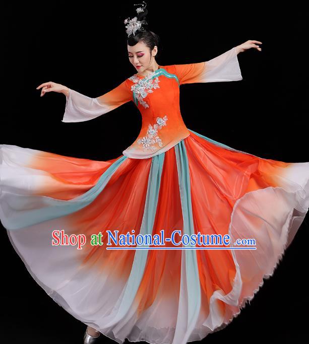 Chinese Traditional Umbrella Dance Clothing Classical Dance Costumes Opening Dance Orange Dress