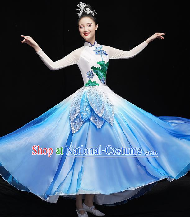 China Lotus Dance Clothing Chorus Group Performance Blue Dress Spring Festival Gala Opening Dance Costume