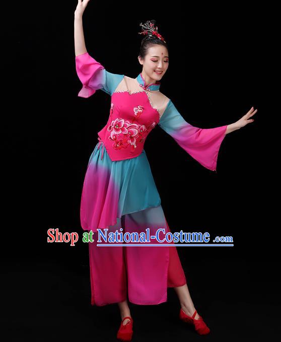 China Yangko Dance Rosy Uniforms Jasmine Dance Clothing Folk Dance Fan Dance Costume