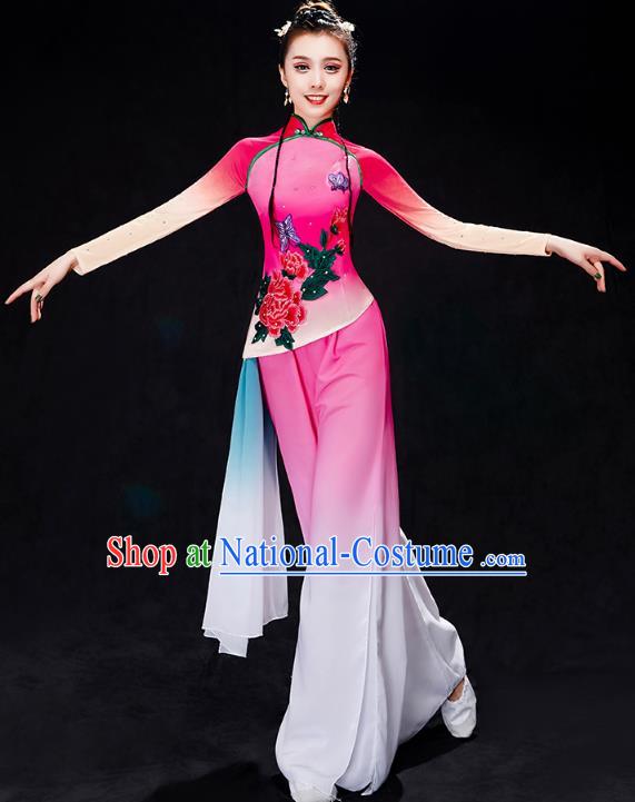 China Yangko Dance Rosy Uniforms Fan Dance Stage Performance Clothing Folk Dance Costume