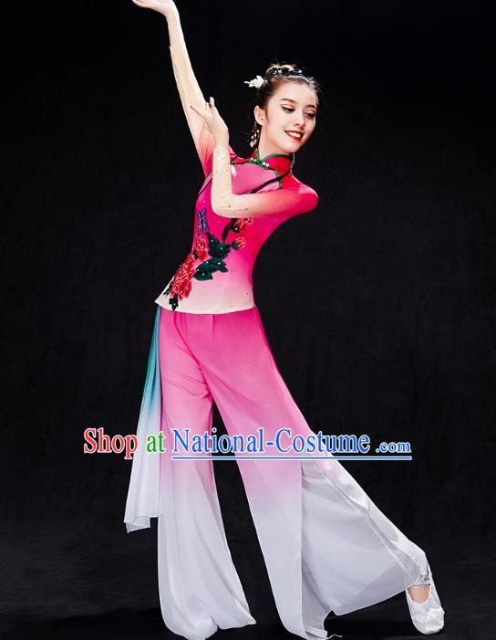 China Yangko Dance Rosy Uniforms Fan Dance Stage Performance Clothing Folk Dance Costume