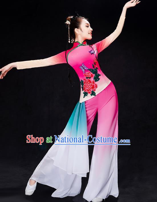 China Yangko Dance Rosy Uniforms Fan Dance Stage Performance Clothing Folk Dance Costume