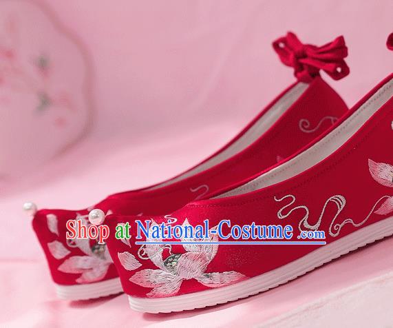 China Embroidered Lotus Shoes Ancient Princess Red Cloth Shoes Traditional Hanfu Wedding Bow Shoes