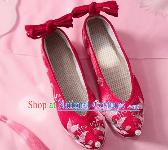 China Embroidered Lotus Shoes Ancient Princess Red Cloth Shoes Traditional Hanfu Wedding Bow Shoes