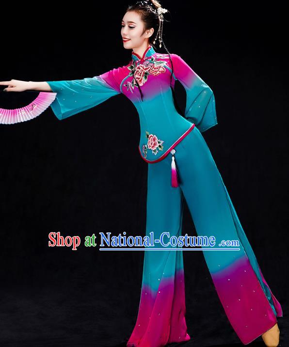 China Folk Dance Costume Yangko Dance Blue Uniforms Fan Dance Stage Performance Clothing