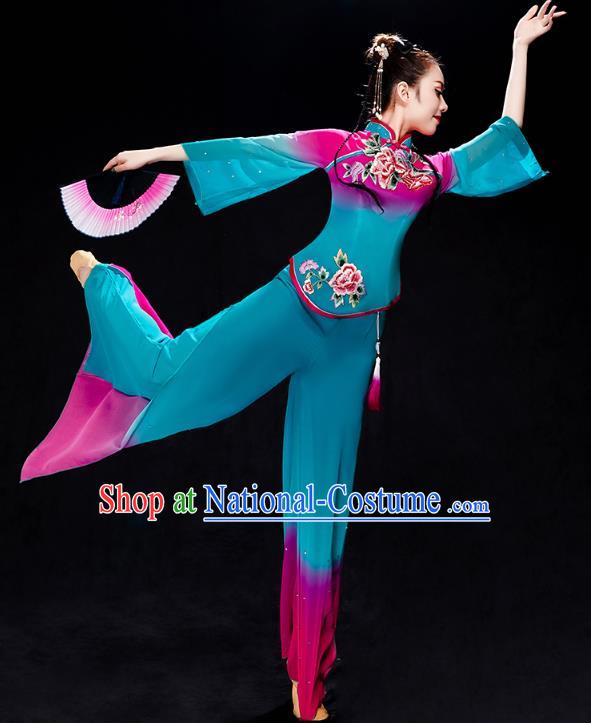 China Folk Dance Costume Yangko Dance Blue Uniforms Fan Dance Stage Performance Clothing