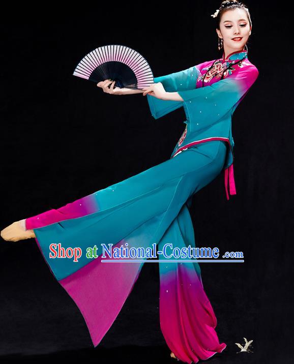 China Folk Dance Costume Yangko Dance Blue Uniforms Fan Dance Stage Performance Clothing