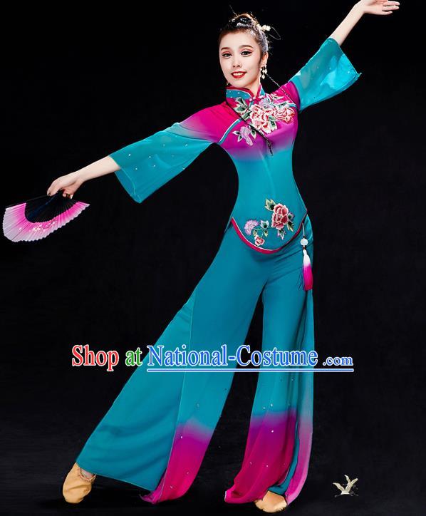 China Folk Dance Costume Yangko Dance Blue Uniforms Fan Dance Stage Performance Clothing