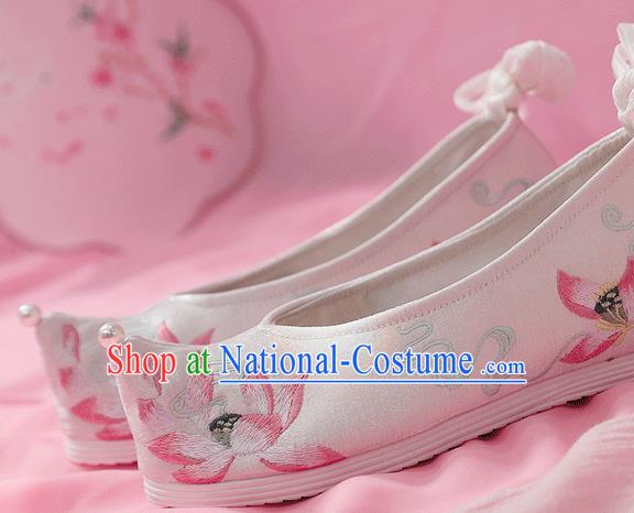 China Ancient Princess White Cloth Shoes Traditional Hanfu Bow Shoes Embroidered Lotus Shoes