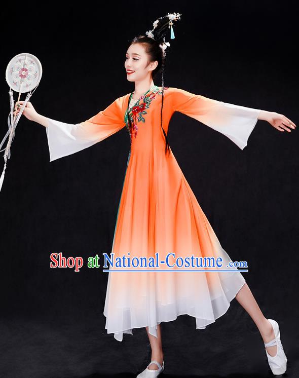 Chinese Traditional Umbrella Dance Clothing Classical Dance Costumes Woman Solo Dance Orange Dress