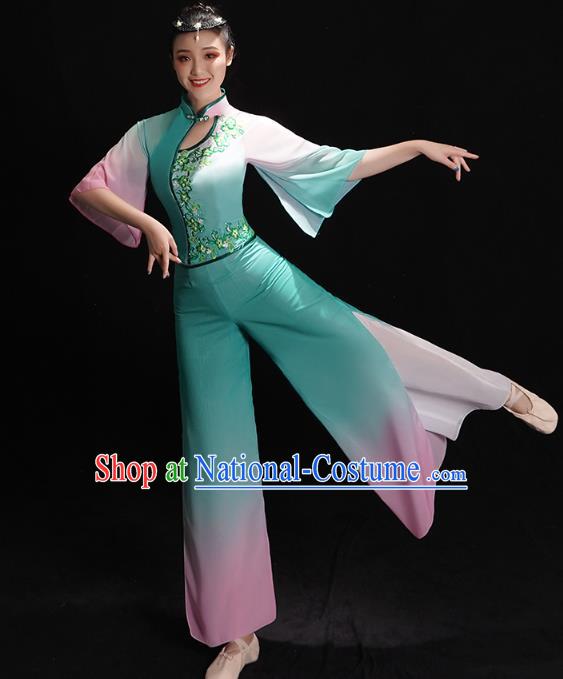 China Fan Dance Clothing Folk Dance Costume Jiaozhou Yangko Dance Green Uniforms