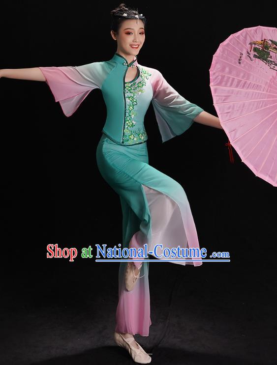 China Fan Dance Clothing Folk Dance Costume Jiaozhou Yangko Dance Green Uniforms