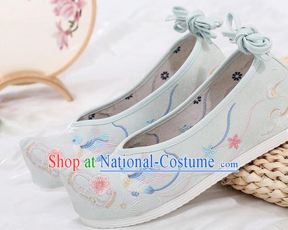 China Traditional Hanfu Shoes Embroidered Light Blue Cloth Shoes Ancient Princess Bow Shoes