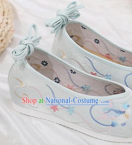 China Traditional Hanfu Shoes Embroidered Light Blue Cloth Shoes Ancient Princess Bow Shoes