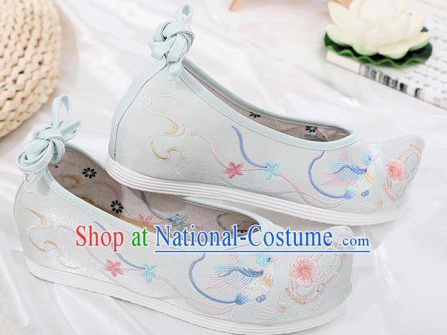 China Traditional Hanfu Shoes Embroidered Light Blue Cloth Shoes Ancient Princess Bow Shoes