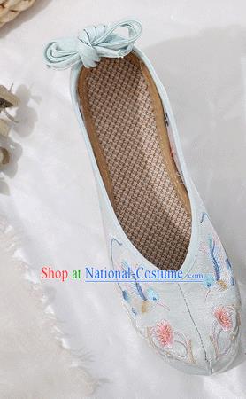 China Traditional Hanfu Shoes Embroidered Light Blue Cloth Shoes Ancient Princess Bow Shoes