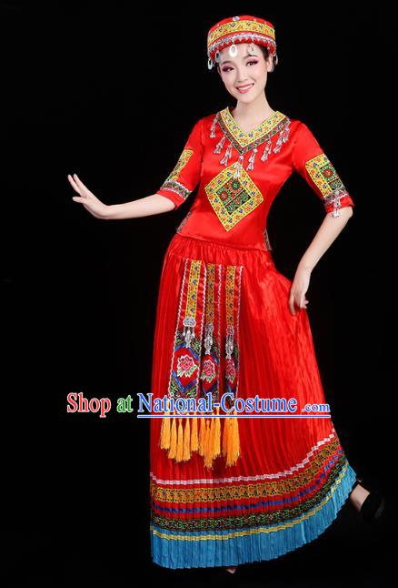 Chinese Yunnan Yi Ethnic Minority Folk Dance Costume Traditional Miao Nationality Dance Red Dress Outfits