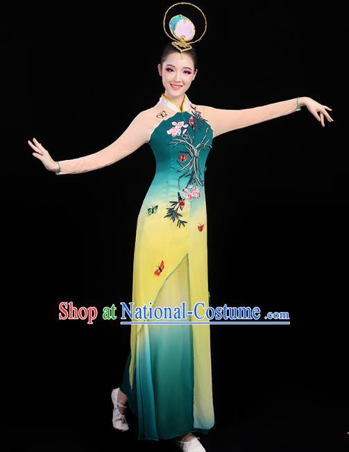 Chinese Umbrella Dance Embroidered Orchids Green Dress Traditional Performance Clothing Classical Dance Costumes