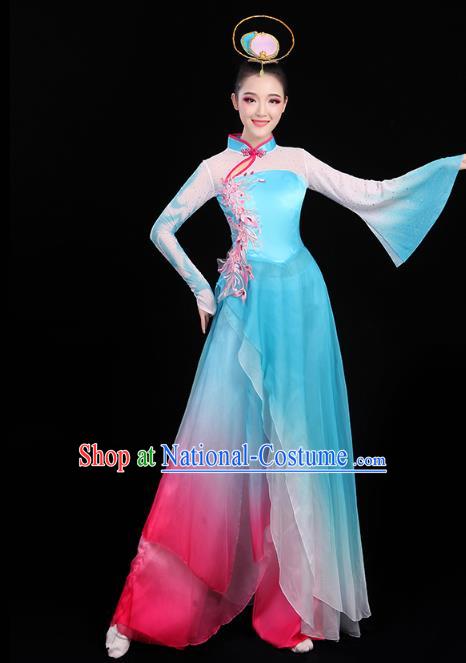 Chinese Classical Dance Costumes Umbrella Dance Embroidered Blue Dress Traditional Performance Clothing