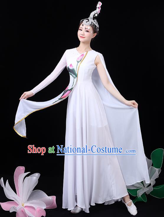 Chinese Umbrella Dance White Dress Traditional Lotus Dance Performance Clothing Classical Dance Costume