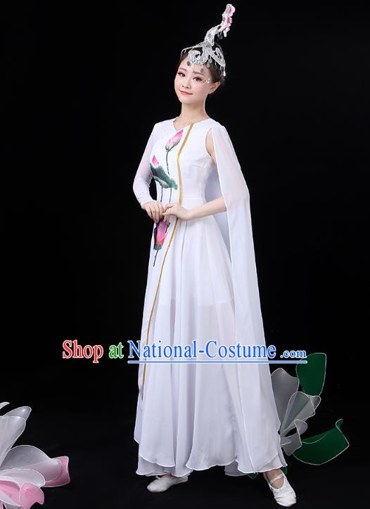 Chinese Umbrella Dance White Dress Traditional Lotus Dance Performance Clothing Classical Dance Costume