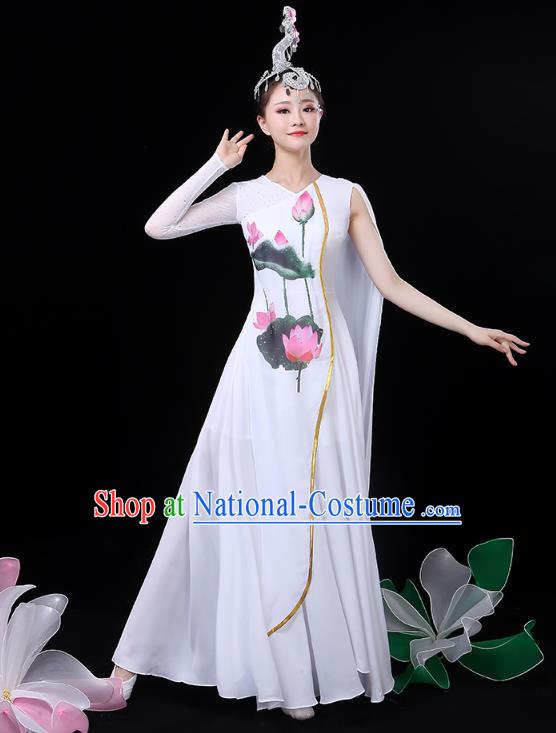 Chinese Umbrella Dance White Dress Traditional Lotus Dance Performance Clothing Classical Dance Costume