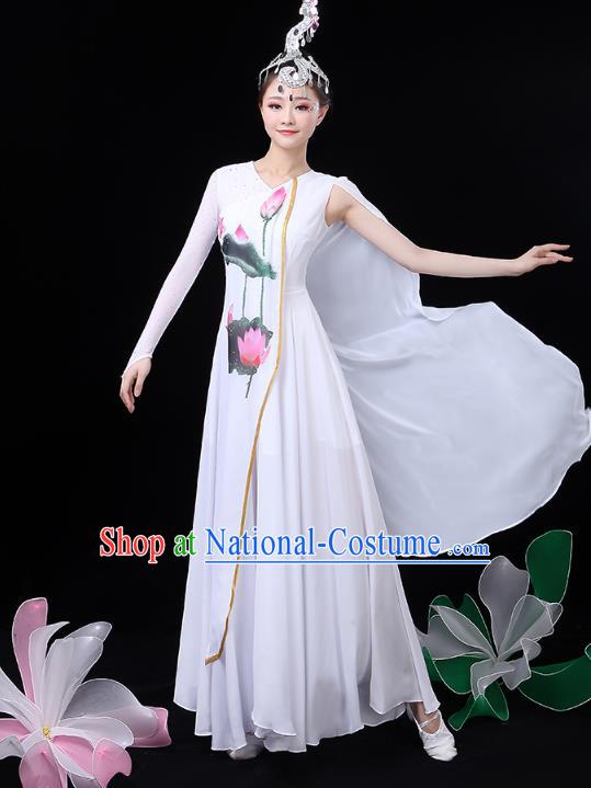 Chinese Umbrella Dance White Dress Traditional Lotus Dance Performance Clothing Classical Dance Costume