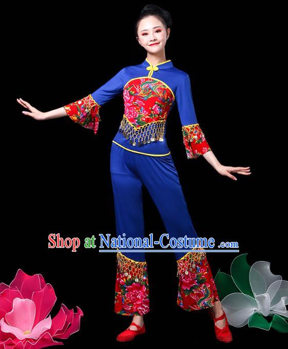 China Jiaozhou Yangko Dance Royalblue Uniforms Fan Dance Clothing Folk Dance Costume