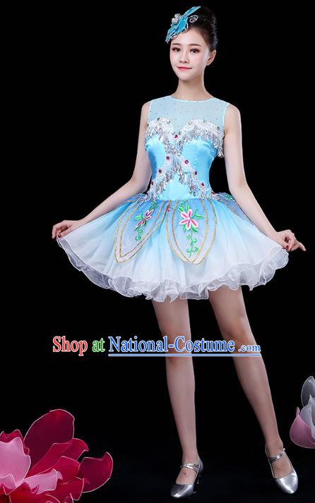 China Jazz Dance Embroidered Blue Bubble Dress Spring Festival Gala Opening Dance Costume Modern Dance Clothing