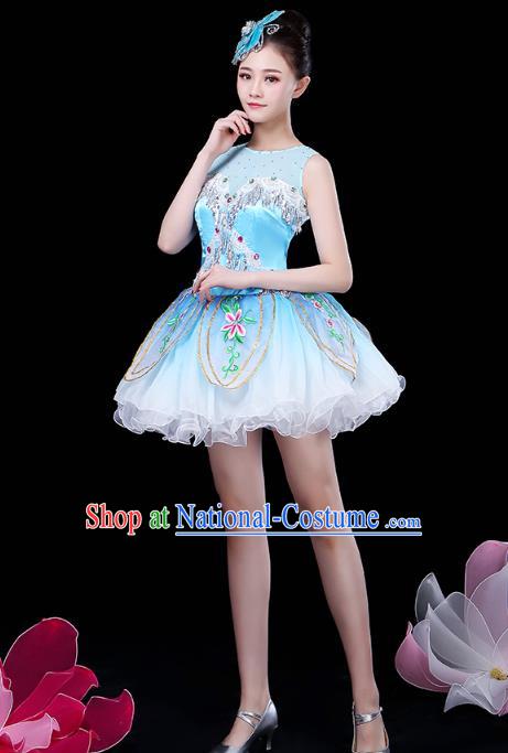 China Jazz Dance Embroidered Blue Bubble Dress Spring Festival Gala Opening Dance Costume Modern Dance Clothing