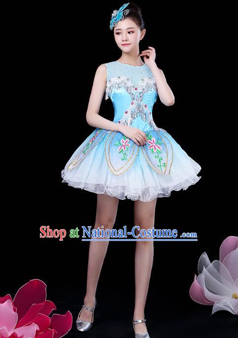 China Jazz Dance Embroidered Blue Bubble Dress Spring Festival Gala Opening Dance Costume Modern Dance Clothing