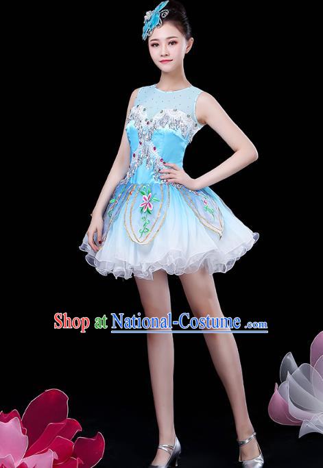 China Jazz Dance Embroidered Blue Bubble Dress Spring Festival Gala Opening Dance Costume Modern Dance Clothing