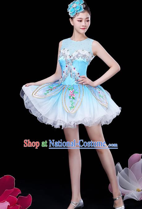 China Jazz Dance Embroidered Blue Bubble Dress Spring Festival Gala Opening Dance Costume Modern Dance Clothing