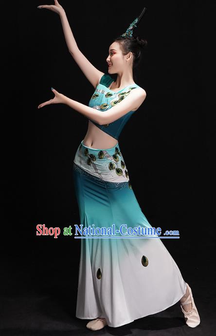 Chinese Yunnan Ethnic Minority Folk Dance Costume Traditional Dai Nationality Peacock Dance Green Dress Outfits