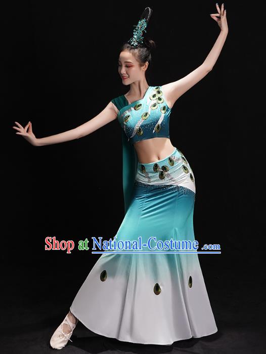 Chinese Yunnan Ethnic Minority Folk Dance Costume Traditional Dai Nationality Peacock Dance Green Dress Outfits