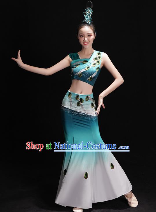 Chinese Yunnan Ethnic Minority Folk Dance Costume Traditional Dai Nationality Peacock Dance Green Dress Outfits