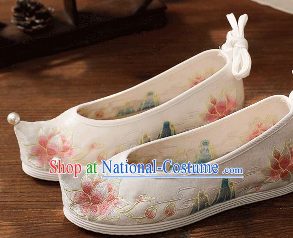 China White Embroidered Lotus Shoes Handmade Hanfu Bow Shoes Traditional National Woman Cloth Shoes