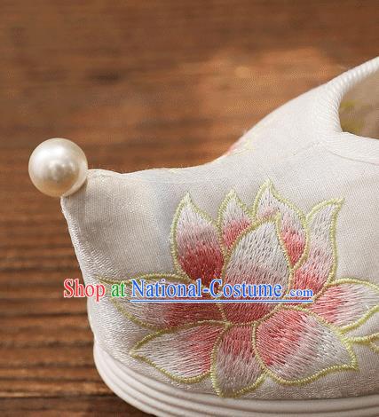 China White Embroidered Lotus Shoes Handmade Hanfu Bow Shoes Traditional National Woman Cloth Shoes